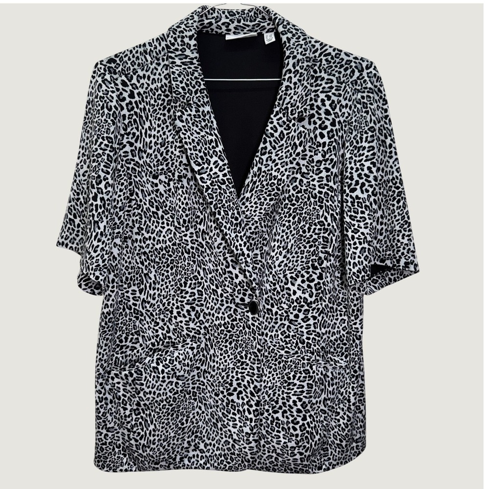 Susan Graver Womens Blazer 2X White Black Leopard Short Sleeve Mob Wife Chic
